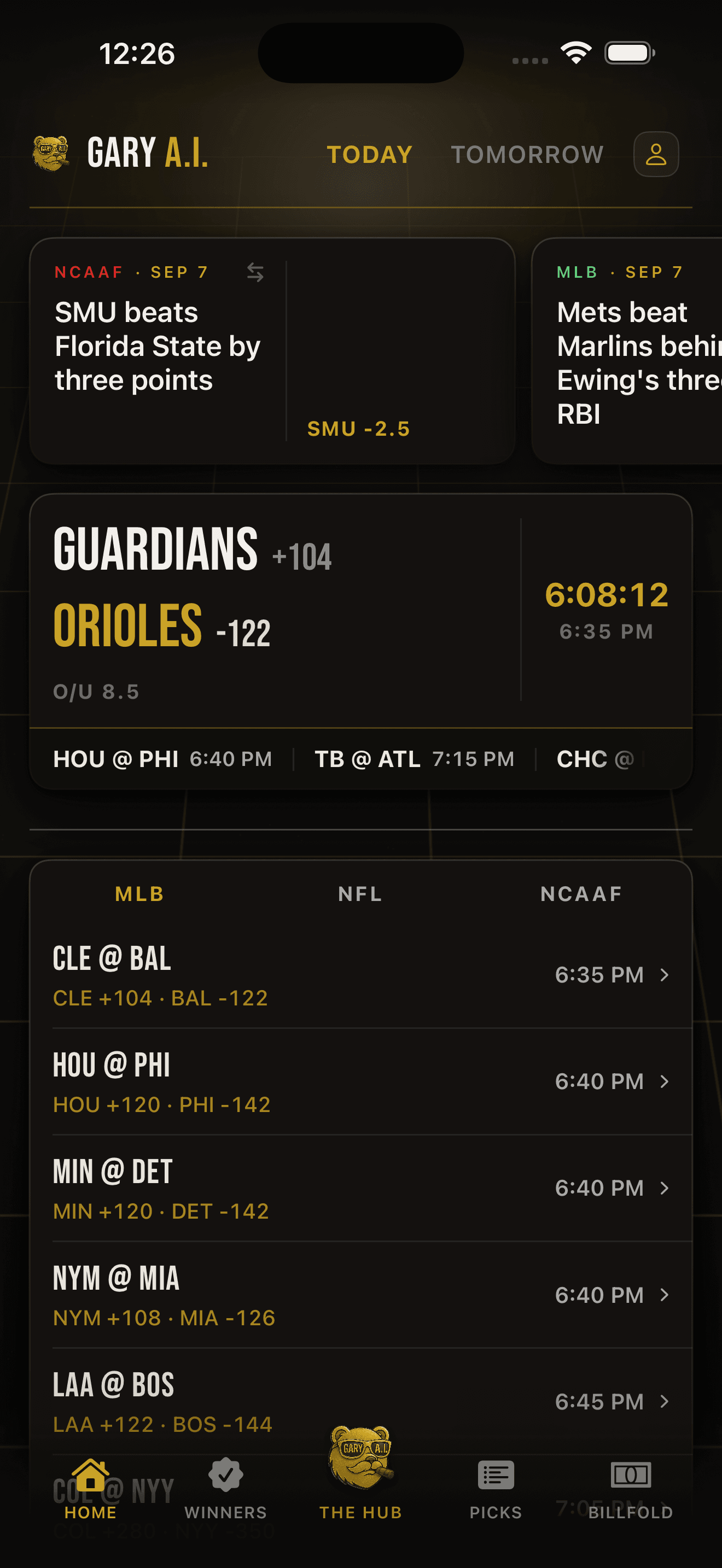 Gary app Home screen with the matchup and today's board