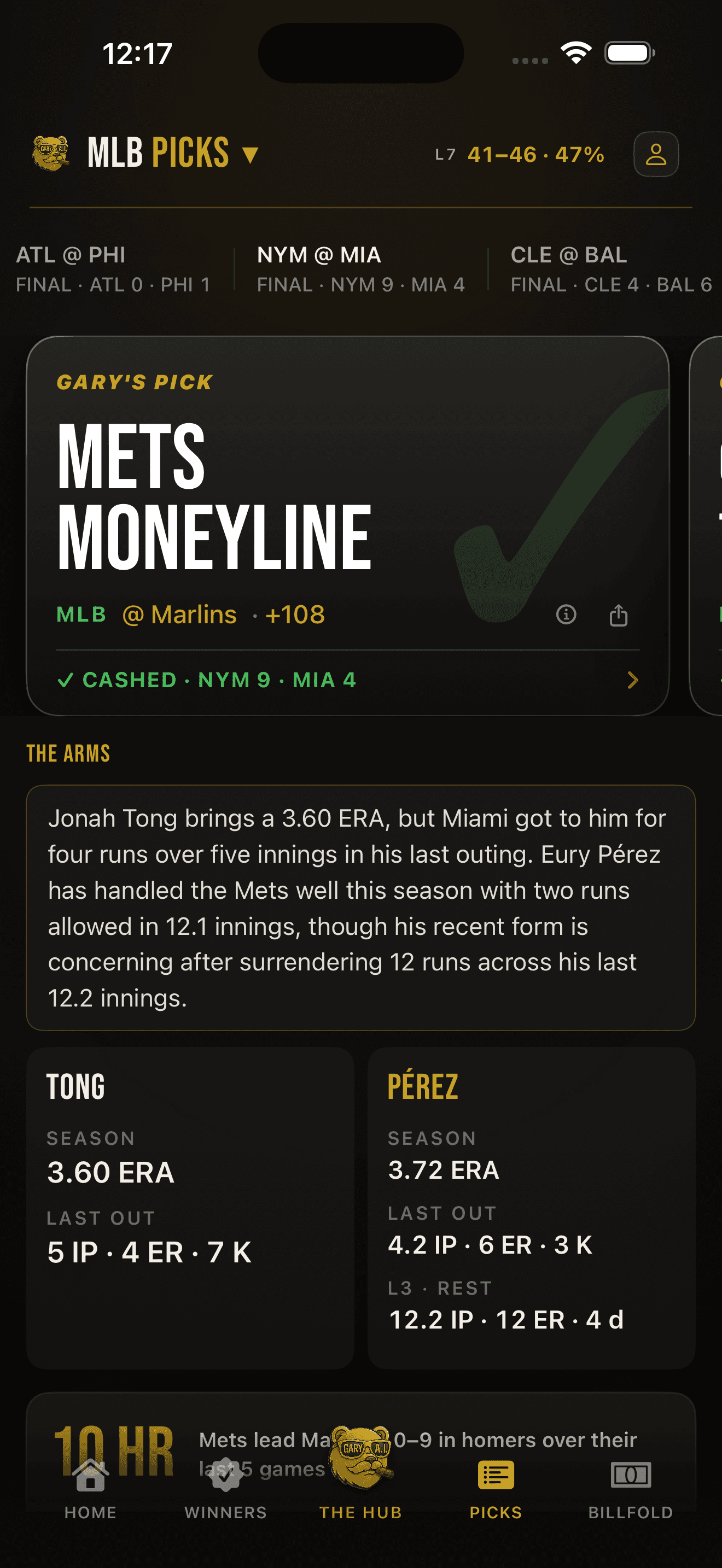Gary app Picks screen with the pick and its analysis